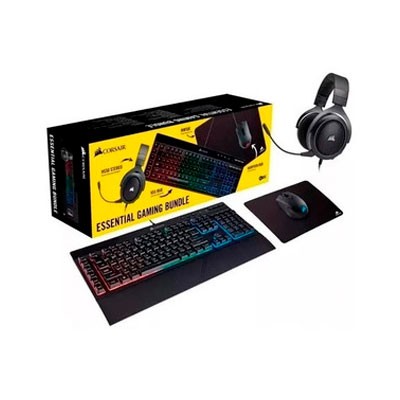 KIT GAMER CORSAIR 4 EN 1, TECLADO, RATON, AUDÍFONOS, MOUSEPAD, ALAMBRICO, USB, NEGRO, ESPAÑOL, CH-9226A65-SP