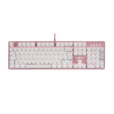 TECLADO GAMER GAME FACTOR KBG400-PK-RD, MECANICO, ALMBRICO, SWITCH RED, ROSA